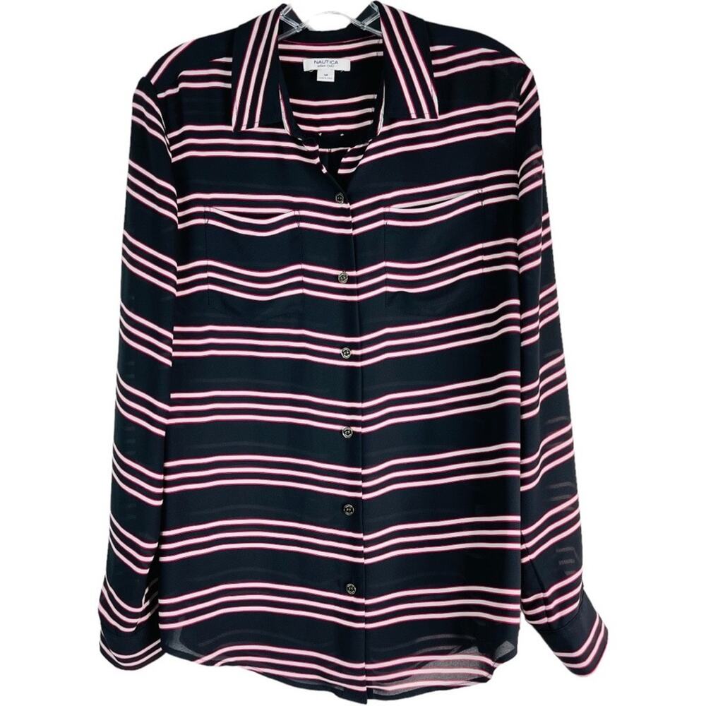 Nautica black white pink striped button front preppy semi sheer top medium